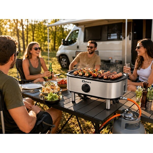 SAHARA - Barbecue à Gaz Portable Compact 2,7kW Grille Fonte Mini Barbecue de Table Inox Kit Planche à Découper Bois 2/4 Personnes Sahara - large