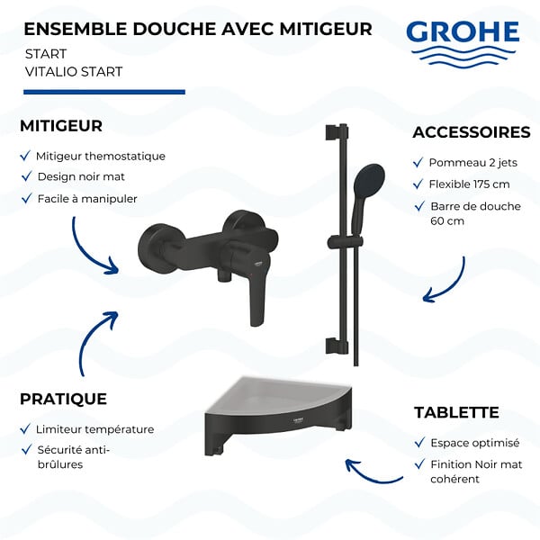 GROHE - Mitigeur douche mécanique start Black + Ensemble de douche 2 jets avec barre Noir + Tablette d'angle - large