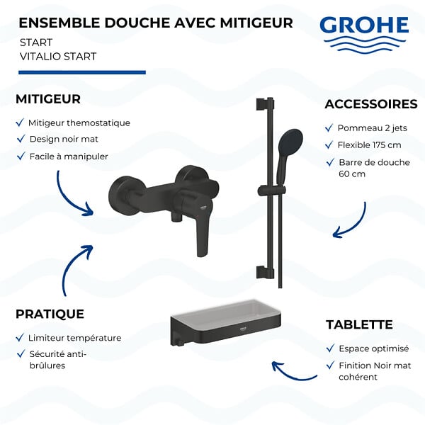 GROHE - Mitigeur douche mécanique start Black + Ensemble de douche 2 jets avec barre Noir + Panier douche - large
