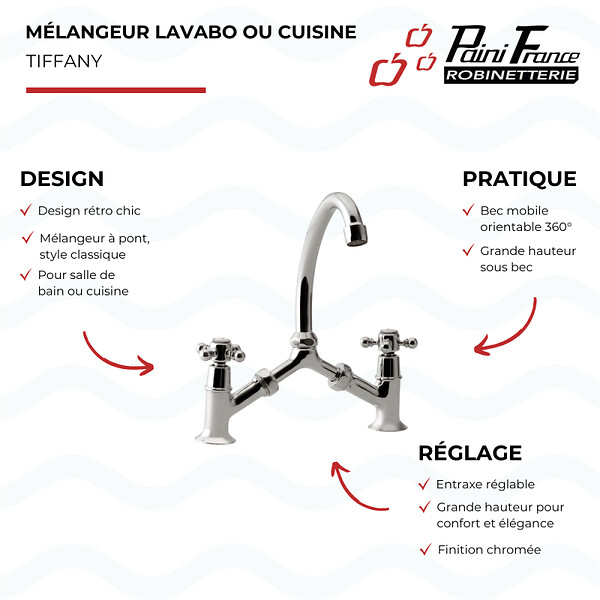 OLFA - Mélangeur à pont Tiffany Chromé lavabo ou cuisine - large