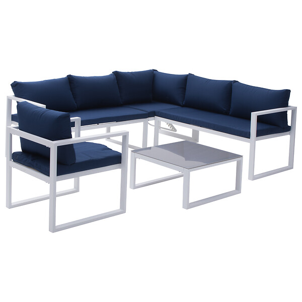 HAPPY GARDEN - Salon de jardin modulable IBIZA en tissu bleu 7 places - aluminium blanc - large