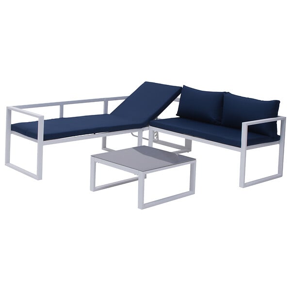 HAPPY GARDEN - Salon de jardin modulable IBIZA en tissu bleu 7 places - aluminium blanc - large
