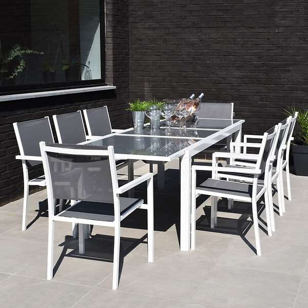 HAPPY GARDEN - Salon de jardin FIRENZE extensible en textilène gris 8 places - aluminium blanc - large