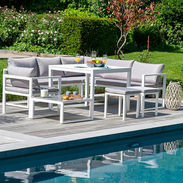 HAPPY GARDEN - Salon de jardin modulable IBIZA en tissu gris 7 places - aluminium blanc - large