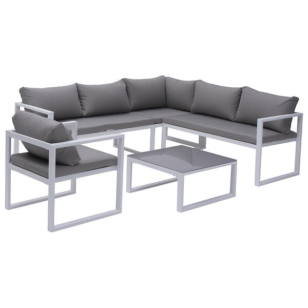 HAPPY GARDEN - Salon de jardin modulable IBIZA en tissu gris 7 places - aluminium blanc - large