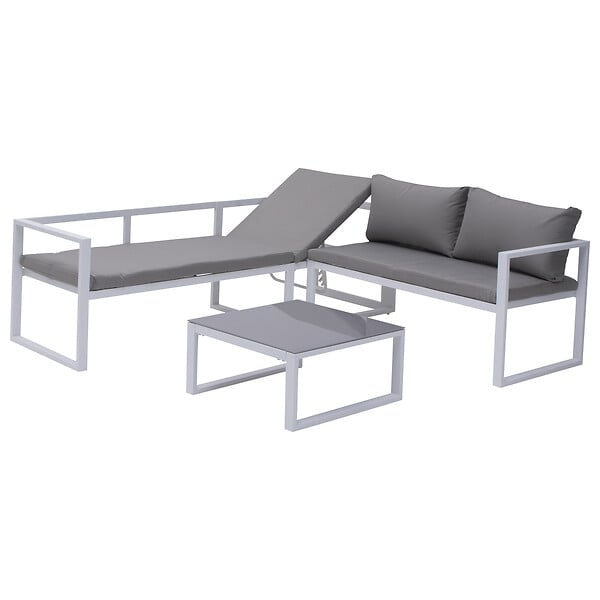 HAPPY GARDEN - Salon de jardin modulable IBIZA en tissu gris 7 places - aluminium blanc - large