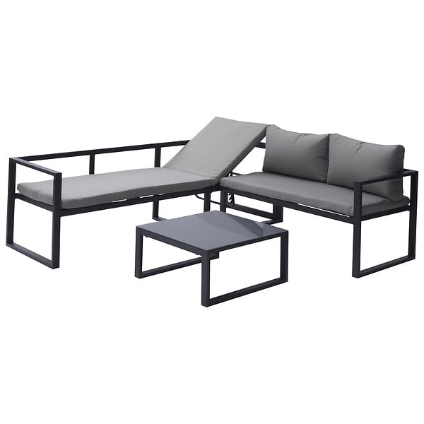 HAPPY GARDEN - Salon de jardin modulable IBIZA en tissu gris 7 places - aluminium anthracite - large