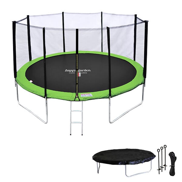 HAPPY GARDEN - Pack Premium Trampoline 370cm réversible bleu / vert PERTH + filet, échelle, bâche et kit d'ancrage - large