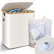 VOUNOT - Panier a linge pliable 145L avec sac intérieur cadre bambou et couvercle beige - vignette