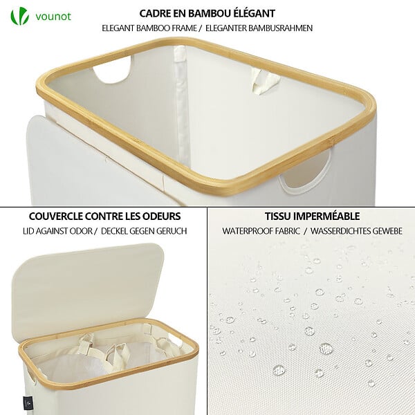 VOUNOT - Panier a linge pliable 145L avec sac intérieur cadre bambou et couvercle beige - large