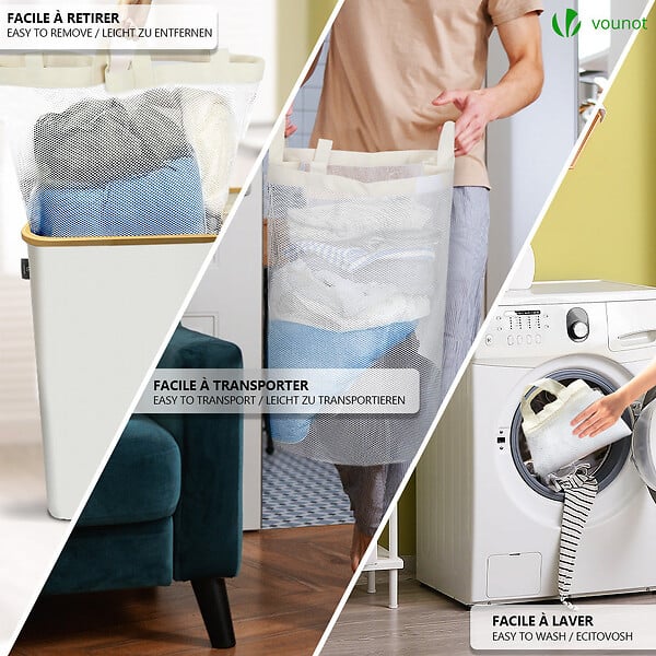VOUNOT - Panier a linge pliable 145L avec sac intérieur cadre bambou et couvercle beige - large