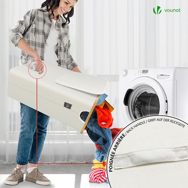 VOUNOT - Panier a linge pliable 145L avec sac intérieur cadre bambou et couvercle beige - large