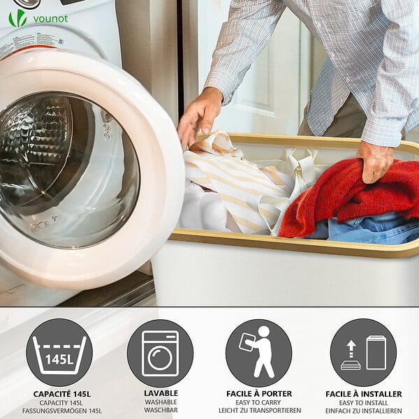 VOUNOT - Panier a linge pliable 145L avec sac intérieur cadre bambou et couvercle beige - large