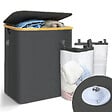 VOUNOT - Panier a linge pliable 145L avec sac intérieur cadre bambou et couvercle gris - vignette