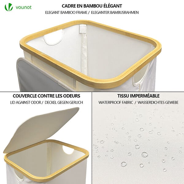 VOUNOT - Panier a linge pliable 100L avec sac intérieur cadre bambou et couvercle beige - large