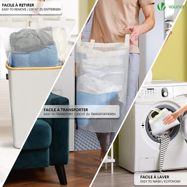 VOUNOT - Panier a linge pliable 100L avec sac intérieur cadre bambou et couvercle beige - large