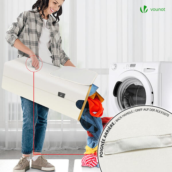 VOUNOT - Panier a linge pliable 100L avec sac intérieur cadre bambou et couvercle beige - large