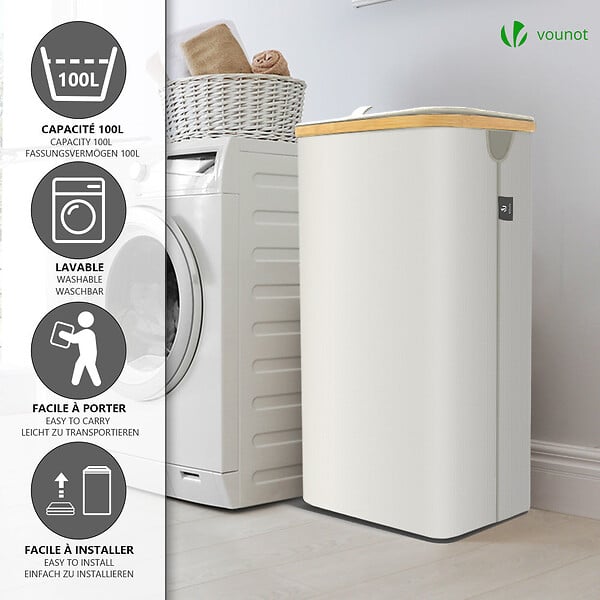 VOUNOT - Panier a linge pliable 100L avec sac intérieur cadre bambou et couvercle beige - large