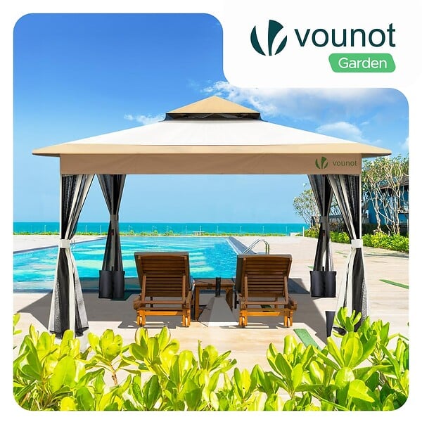 VOUNOT - Tonnelle de jardin exterieure pliable avec moustiquaire 3.6x3.6m beige - large