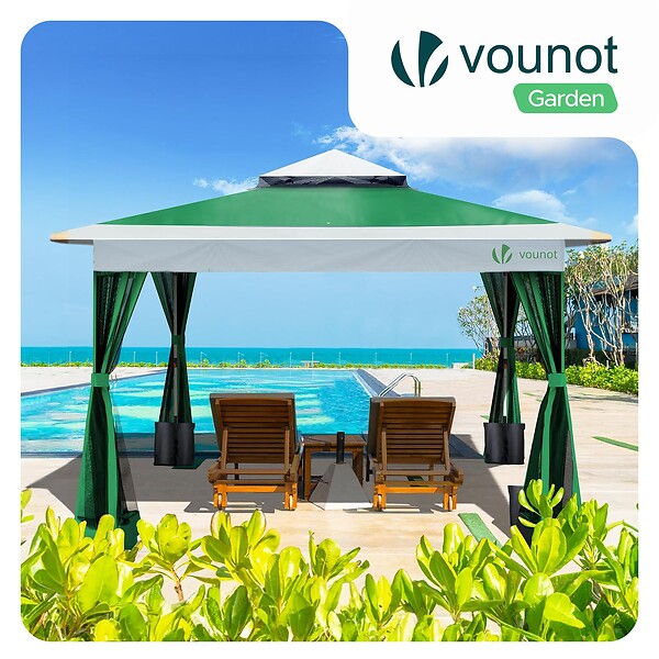 VOUNOT - Tonnelle de jardin exterieure pliable avec moustiquaire 3.6x3.6m vert - large