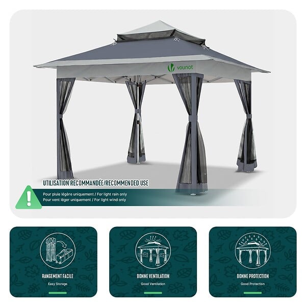 VOUNOT - Tonnelle de jardin exterieure pliable avec moustiquaire Pop up 3.6x3.6m gris - large