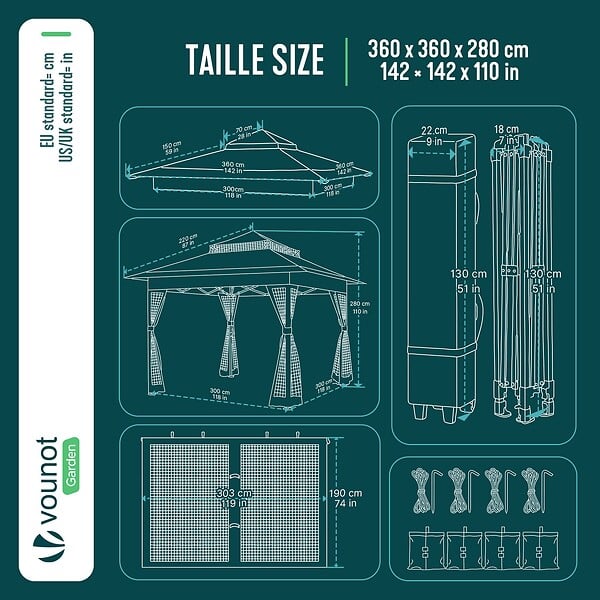 VOUNOT - Tonnelle de jardin exterieure pliable avec moustiquaire Pop up 3.6x3.6m vert - large