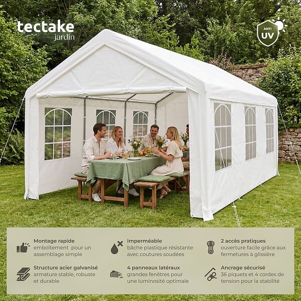 TECTAKE - Tonnelle 6 x 4 m blanche structure acier revêtu par poudre panneaux polyéthylène imperméable protection uv 50+ fenêtres amovibles - large