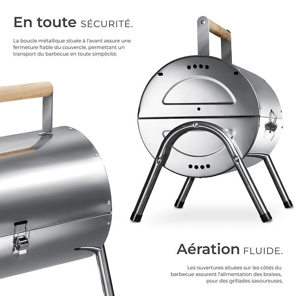 TECTAKE - Barbecue en acier inoxydable noir double surface cuisson 34 x 45 cm bacs charbon 2 pinces poignée bois - large
