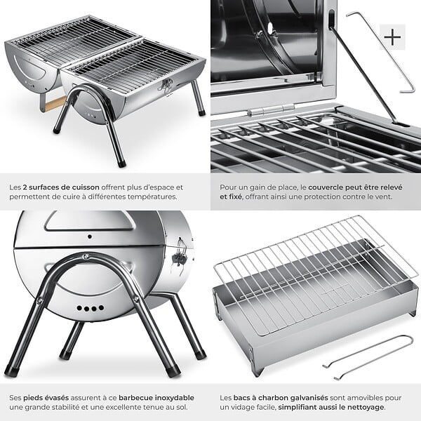TECTAKE - Barbecue en acier inoxydable noir double surface cuisson 34 x 45 cm bacs charbon 2 pinces poignée bois - large
