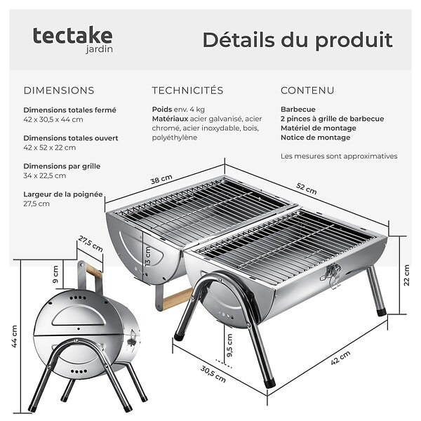 TECTAKE - Barbecue en acier inoxydable noir double surface cuisson 34 x 45 cm bacs charbon 2 pinces poignée bois - large