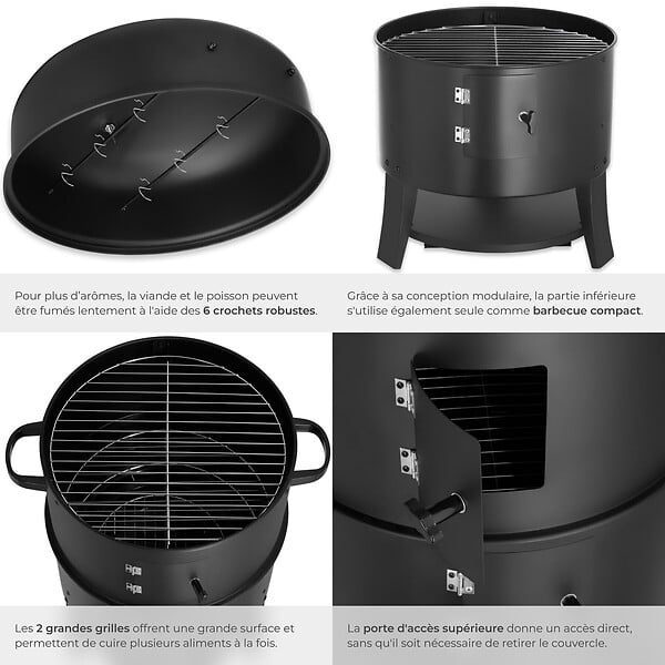 TECTAKE - Fumoir barbecue 3 en 1 noir avec thermomètre 2 rôtis ø 41 cm évacuation d air réglable - large