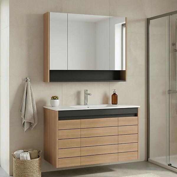 HABITAT ET JARDIN - Ensemble Meuble Vasque avec Miroir (2 Pièces) "Ricato 100" -  cm - Oak - large