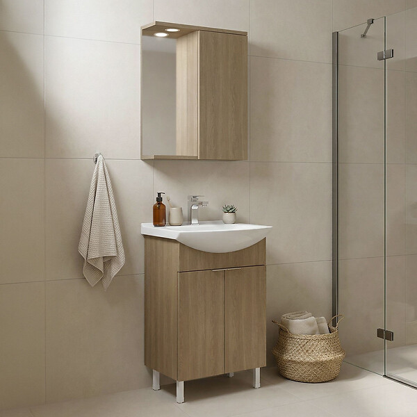 HABITAT ET JARDIN - Ensemble Meuble Vasque avec Miroir (2 Pièces) "Purus 55" - 55 x 50 x 83 cm - Oak - large