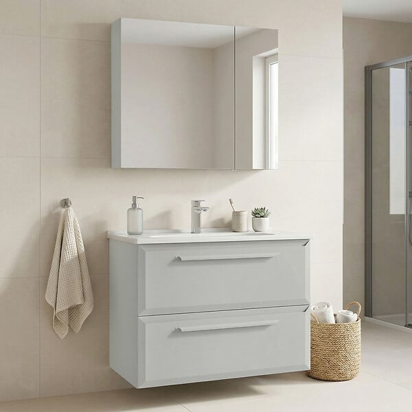HABITAT ET JARDIN - Ensemble Meuble Vasque avec Miroir (2 Pièces) "Nuvola 80 v2" - 80 x 50 x 62 cm - Cashmere - large