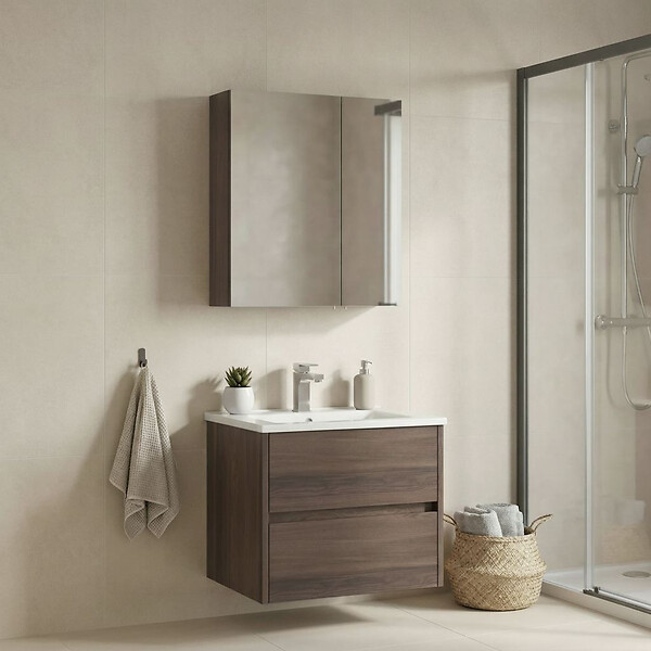 HABITAT ET JARDIN - Ensemble Meuble Vasque avec Miroir (2 Pièces) "Side 65 v2" - 65 x 45 x 52 cm - Walnut - large