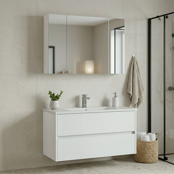 HABITAT ET JARDIN - Ensemble Meuble Vasque avec Miroir (2 Pièces) "Side 100 v3" - 100 x 16 x 52 cm - Matte White - large