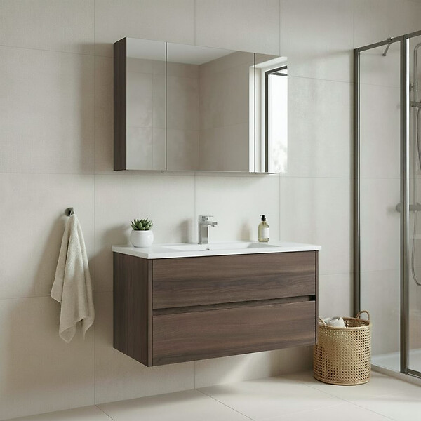 HABITAT ET JARDIN - Ensemble Meuble Vasque avec Miroir (2 Pièces) "Side 100 v3" - 100 x 16 x 52 cm - Walnut - large