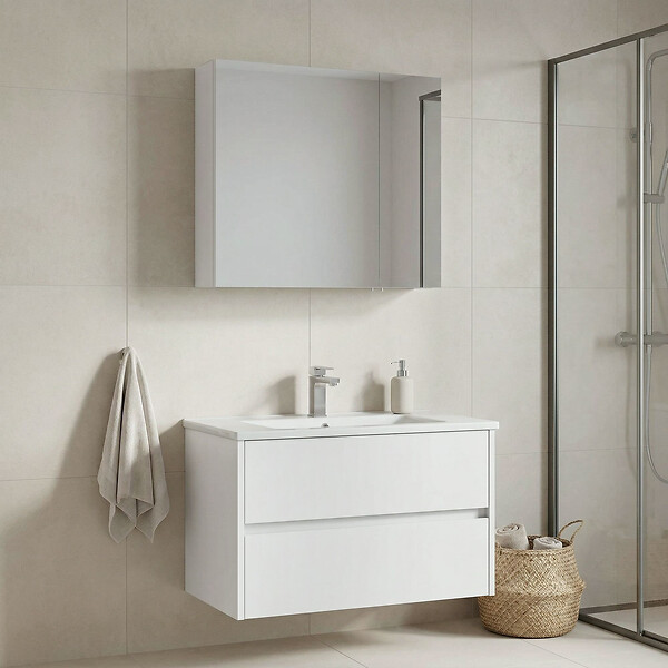 HABITAT ET JARDIN - Ensemble Meuble Vasque avec Miroir (2 Pièces) "Side 85 v2" - 85 x 45 x 52 cm - Matte White - large