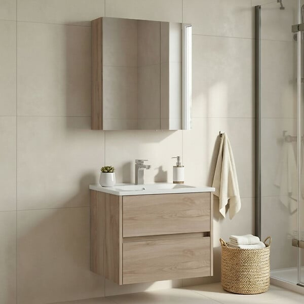 HABITAT ET JARDIN - Ensemble Meuble Vasque avec Miroir (2 Pièces) "Side 65 v2" - 65 x 45 x 52 cm - Oak - large