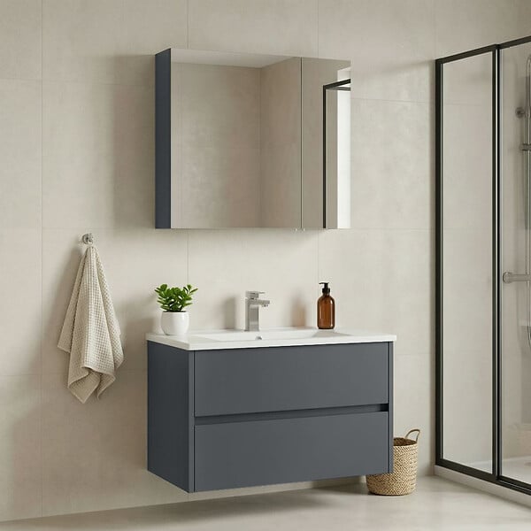 HABITAT ET JARDIN - Ensemble Meuble Vasque avec Miroir (2 Pièces) "Side 85 v2" - 85 x 45 x 52 cm - Matte Anthracite - large