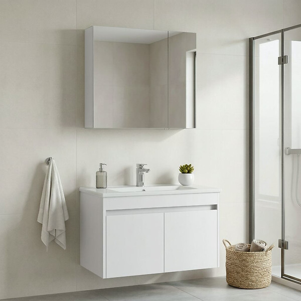 HABITAT ET JARDIN - Ensemble Meuble Vasque avec Miroir (2 Pièces) "Side 85 v2" - 85 x 45 x 52 cm - Matte White - large