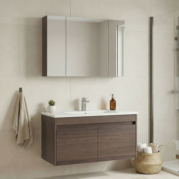 HABITAT ET JARDIN - Ensemble Meuble Vasque avec Miroir (2 Pièces) "Side 100 v3" - 100 x 45 x 52 cm - Walnut - large
