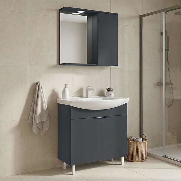 HABITAT ET JARDIN - Ensemble Meuble Vasque avec Miroir (2 Pièces) "Purus 80" - 80 x 50 x 83 cm - Matte Anthracite - large