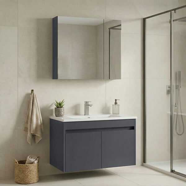 HABITAT ET JARDIN - Ensemble Meuble Vasque avec Miroir (2 Pièces) "Side 85 v2" - 85 x 45 x 52 cm - Matte Anthracite - large