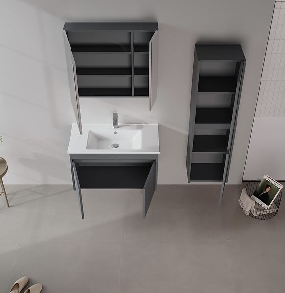 HABITAT ET JARDIN - Ensemble Meuble Vasque avec Miroir (2 Pièces) "Side 85 v2" - 85 x 45 x 52 cm - Matte Anthracite - large