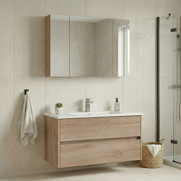 HABITAT ET JARDIN - Ensemble Meuble Vasque avec Miroir (2 Pièces) "Side 100 v3" - 100 x 16 x 52 cm - Oak - large