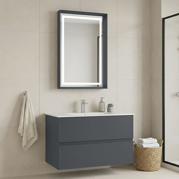 HABITAT ET JARDIN - Ensemble Meuble Vasque avec Miroir (2 Pièces) "Nest 91 v2" - 91 x 51 x 55 cm - Matte Anthracite - large