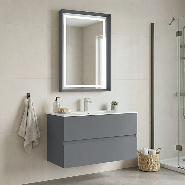 HABITAT ET JARDIN - Ensemble Meuble Vasque avec Miroir (2 Pièces) "Nest 91 v2" - 91 x 51 x 55 cm - Matte Grey - large