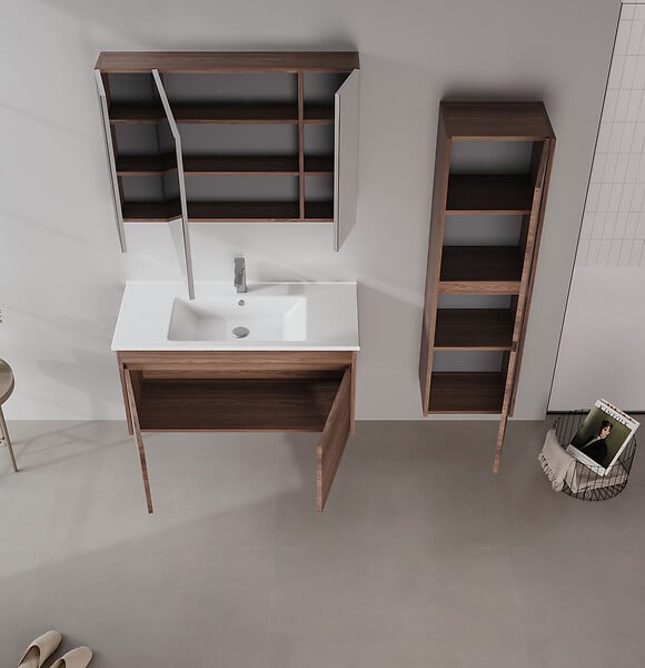 HABITAT ET JARDIN - Ensemble Meuble Vasque avec Miroir (2 Pièces) "Side 100 v3" - 85 x 45 x 52 cm - Walnut - large