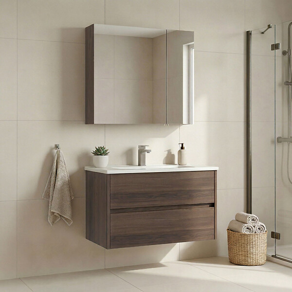 HABITAT ET JARDIN - Ensemble Meuble Vasque avec Miroir (2 Pièces) "Side 85 v2" - 85 x 45 x 52 cm - Walnut - large